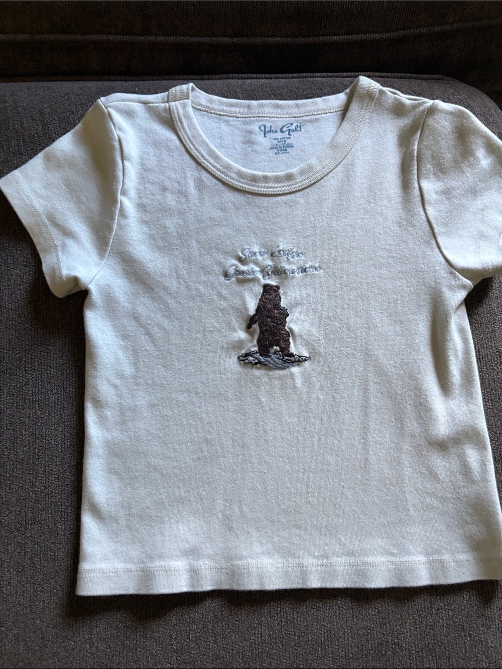 Brandy Melville Cream Short Sleeve Tee with Brown Bear Embroidery